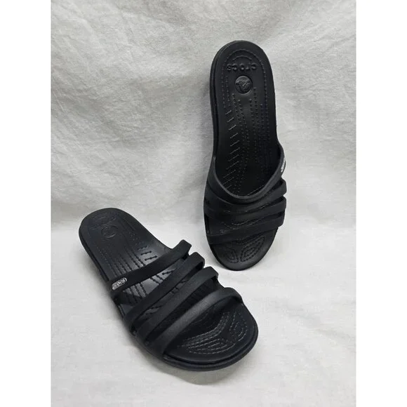 Crocs Rhonda Wedge Sandals Slip-On Strappy Slides Open Toe Black Women's Size 8 - Picture 2 of 10